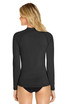 A black long sleeve rashie with a high neck, featuring a logo on the back.
