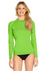 A long-sleeve rashie in bright green, featuring a fitted design and a round neckline. It has a logo on the chest.
