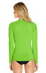 A long sleeve rashie in vibrant green with a fitted design and a back view. It features a logo on the sleeve.