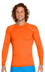 An orange long sleeve rashie with a snug fit, featuring a logo on the chest. Suitable for sun protection with UPF 50+.