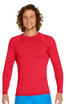 A red long sleeve rashie for adults with a fitted design and a logo on the sleeve. UPF 50+ protection featured.