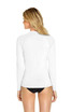 A white adult long sleeve rashie with a sleek design, featuring a logo on the back.