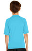 A youth short sleeve rashie in bright blue, featuring a simple design and a logo on the back.