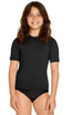 A black youth short sleeve rashie, offering UPF 50+ protection, made from stretchy material. It features a logo.