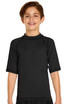 A youth short sleeve rashie in black, featuring a simple design and a logo on the chest.