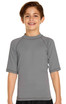 A youth short sleeve rashie in grey with a fitted design and a logo on the chest.