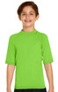 A bright green youth short sleeve rashie with a fitted design and a logo on the front.