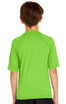A bright green youth short sleeve rashie with a smooth finish, featuring a logo on the back.