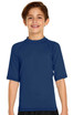 A young boy is wearing a navy blue short sleeve rashie designed for sun protection with a logo on it.