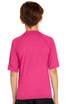 A youth short sleeve rashie in vibrant pink with a logo on the back. Suitable for sun protection with UPF 50+.