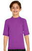 A purple youth short sleeve rashie with a fitted design and a high collar, featuring a logo on the chest.