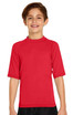 A red short sleeve rashie featuring a high collar and raglan sleeves. It has a logo on the front.