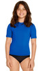 A bright blue youth short sleeve rashie with UPF 50+ protection, paired with black swim bottoms.