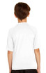 A youth short sleeve rashie in white, featuring a simple design and a logo on the back.
