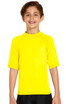 A bright yellow youth short sleeve rashie featuring a logo, designed for sun protection with UPF 50+.