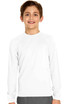 A white long sleeve rashie designed for youth, featuring UPF 50+ protection and a logo on the chest.