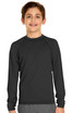 A youth long sleeve rashie in black, featuring a round neckline and raglan sleeves, with a logo on the chest.