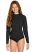 A long sleeve rashie in black designed for youth, featuring a crew neckline and a snug fit.