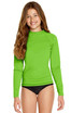 A green long sleeve rashie with UPF 50+ sun protection, worn by a girl standing against a white background.