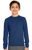 A long sleeve rashie in navy blue for youth, featuring a round neckline and a logo.