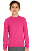 A long-sleeve rashie in bright pink, featuring UPF 50+ protection. The shirt has a simple design and includes a logo.