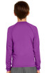A youth long sleeve rashie in purple with a plain design at the back. It has a logo on the upper section.