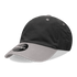 A black and grey six-panel low profile relaxed dad hat with a logo on the front.