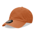 An orange 6-panel low profile relaxed dad hat with a circular logo tag.