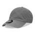A grey six-panel low profile relaxed dad hat with a circular logo tag on the brim.