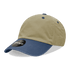 A low-profile dad hat in khaki and navy, featuring a curved brim and a branded tag.