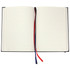 A black diary with lined pages and a red and blue ribbon bookmark. It has a logo on the cover.