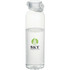 A drink bottle made of clear plastic, featuring a logo and a screw-on lid, filled with water.