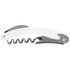 A white waitress knife with a silver corkscrew and a built-in bottle opener. It features a sleek design and logo.