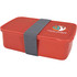 A red lunch box with a grey strap and a logo on the side, featuring a rectangular design.