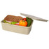 A beige lunch box containing a sandwich, tomato, cucumber, and capsicum, with a lid partially open.