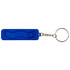 A blue keychain fidget toy with a smooth surface and a button, attached to a metal ring.