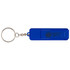 A blue keychain with a fidget toy attached, featuring a circular logo and a simple design.