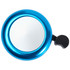 A blue bicycle bell with a shiny metallic finish and a black lever for ringing. It features a branding logo.