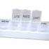 A white weekly pill organiser with clear compartments for each day of the week, featuring lids for easy access.