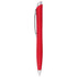 A red ballpoint pen with a silver clip, featuring a smooth grip and click action mechanism.