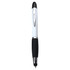 A ballpoint pen with a white barrel, black grip, and chrome accents. It features a branding logo.