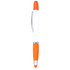A ballpoint pen with a white body and orange accents, featuring a silver clip and a highlighter tip.