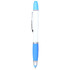 A ballpoint pen with a white body, blue accents, and a clip, featuring a branding logo.