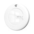 A round, white tracking tag with a circular design and a small hole for attachment. It features a logo.