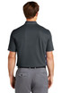 A back view of a dark grey polo shirt with short sleeves, featuring a pocket and a logo.