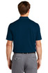 A navy blue polo shirt with a short sleeve and a pocket, featuring a logo. The view is from the back.