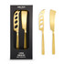 A cheese set featuring two stainless steel knives with a gold finish, presented in a black box.