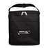 A black insulated bag with a zip closure and a front pocket, featuring a logo.