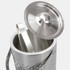 A stainless steel ice bucket with a lid and a handle, featuring a textured surface.