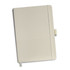 A cream-coloured notebook with a textured cover and elastic closure. It has a logo on the front.